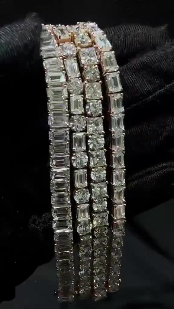 Baguette & Round Diamond Tennis Bracelet Set — three bracelets — baguette and round rows in rose and white gold