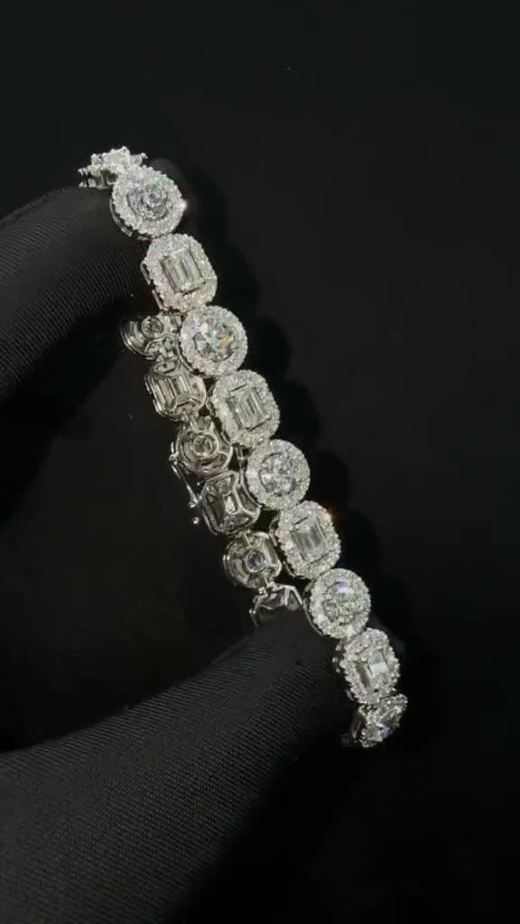 Halo Cluster Diamond Tennis Bracelet — 18ct white gold, alternating round and baguette halo clusters