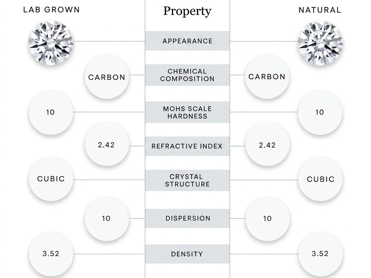 Comparison chart showing lab grown and natural diamonds share the same chemical composition, hardness, refractive index, crystal structure, dispersion and density