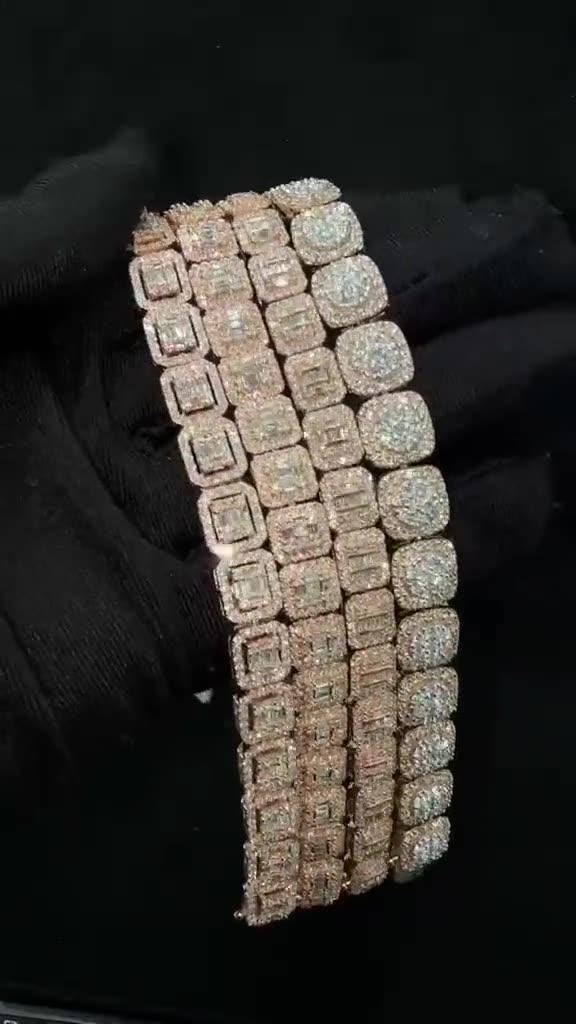 Rose Gold Baguette Cluster Bracelet — 18ct rose gold, alternating baguette and cluster panels