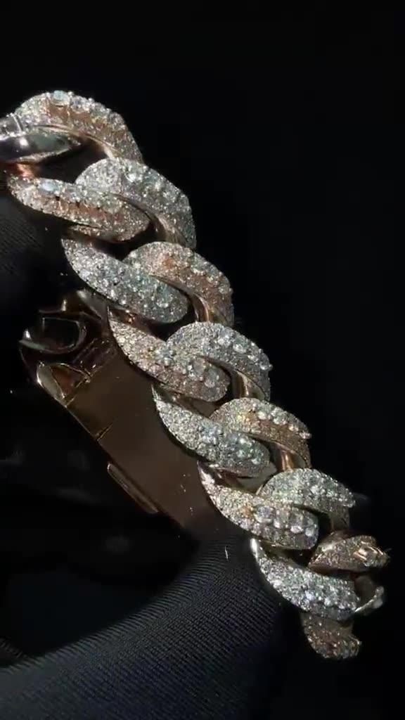 Two-Tone Pavé Cuban Link Bracelet — 18ct rose and white gold, pavé-set links with a box clasp